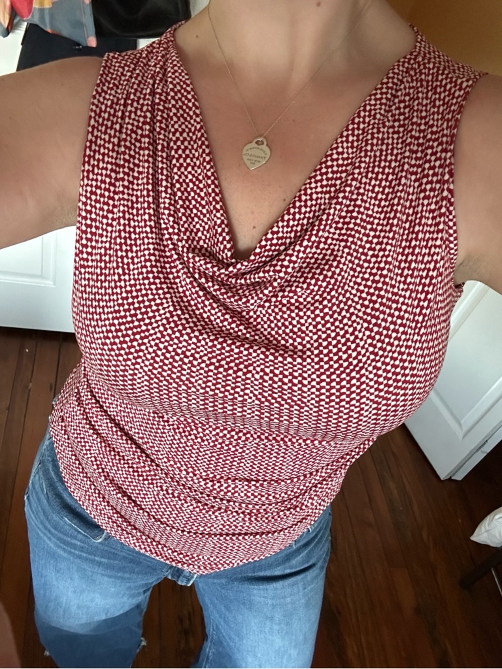 Red Patterned Sleeveless Cowl Neck Top